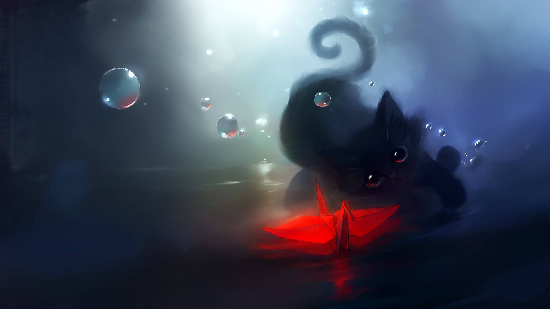 Cute Cat 桌布 壁紙 — 一隻黑貓閃爍著紅光的眼睛在水底游泳，旁邊有一艘鮮紅色的摺紙船，周圍漂浮著氣泡。