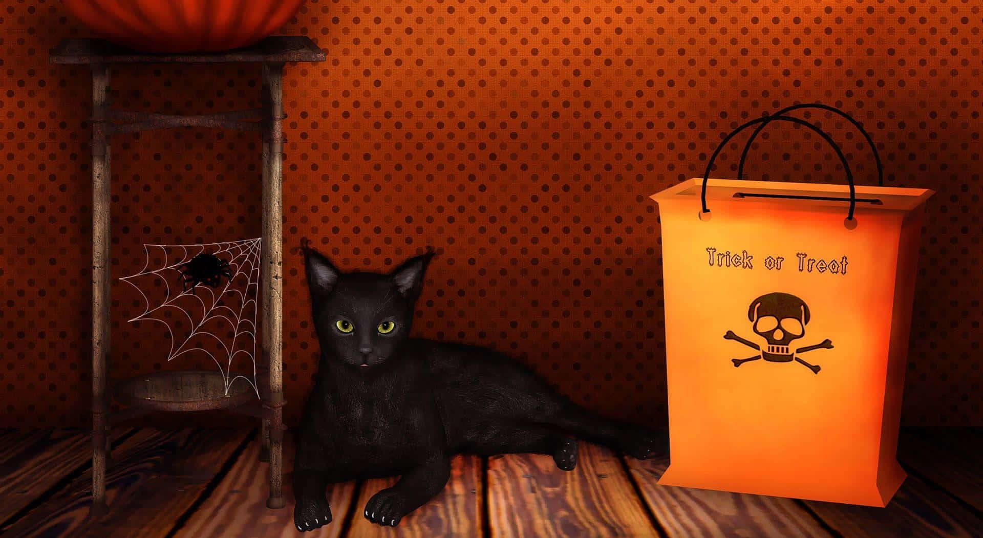 Trick-or-treaters 桌布 壁紙 — 一隻黑貓閃爍著綠色眼睛，躺在木地板上，旁邊有一個橘色的 trick or treat 袋和一張凳子上的蜘蛛網，背景是波點牆。