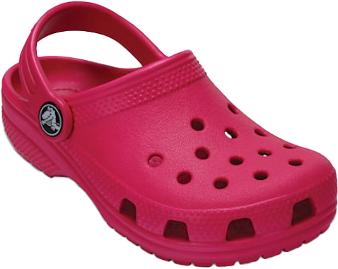 Crocs 桌布 壁紙 — 一雙亮粉紅色的Croc木屐鞋，帶有經典穿孔和標誌徽章，展示在純白色背景上。