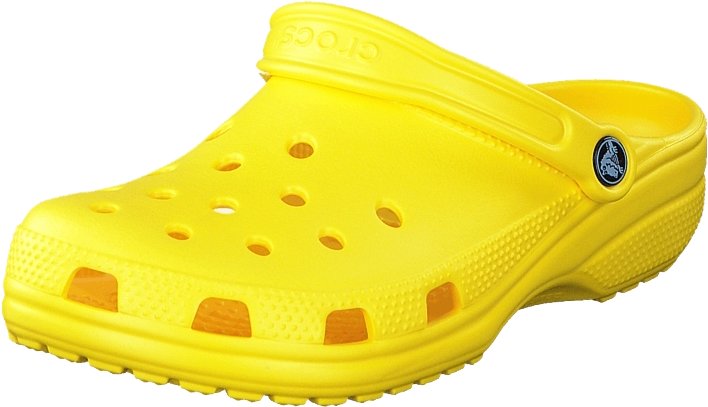 Crocs 桌布 壁紙 — 一雙亮黃色Crocs木屐鞋，帶通風孔和品牌標誌，顯示在透明背景上。