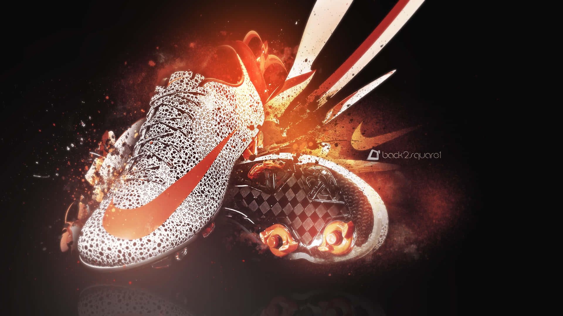 Nike 桌布 壁紙 — 一雙充滿動感的Nike足球靴在深色背景上爆發出熾熱的橙色火花。