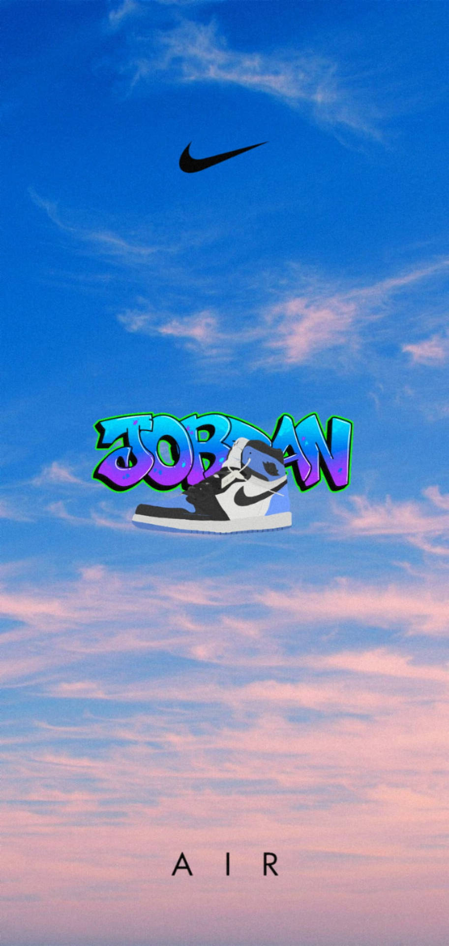 Nike 桌布 壁紙 — 一雙充滿活力的Jordan運動鞋在暮色天空中飄浮，天空有粉紅色的雲朵和一個黑色的Nike勾勾在上方。