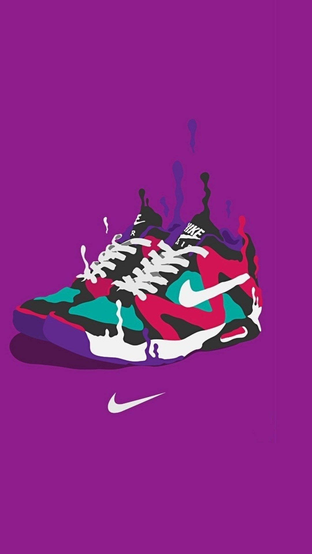 卡通鞋子 桌布 壁紙 — 一雙充滿活力的Nike運動鞋，在純紫色背景上有滴落的油漆飛濺。