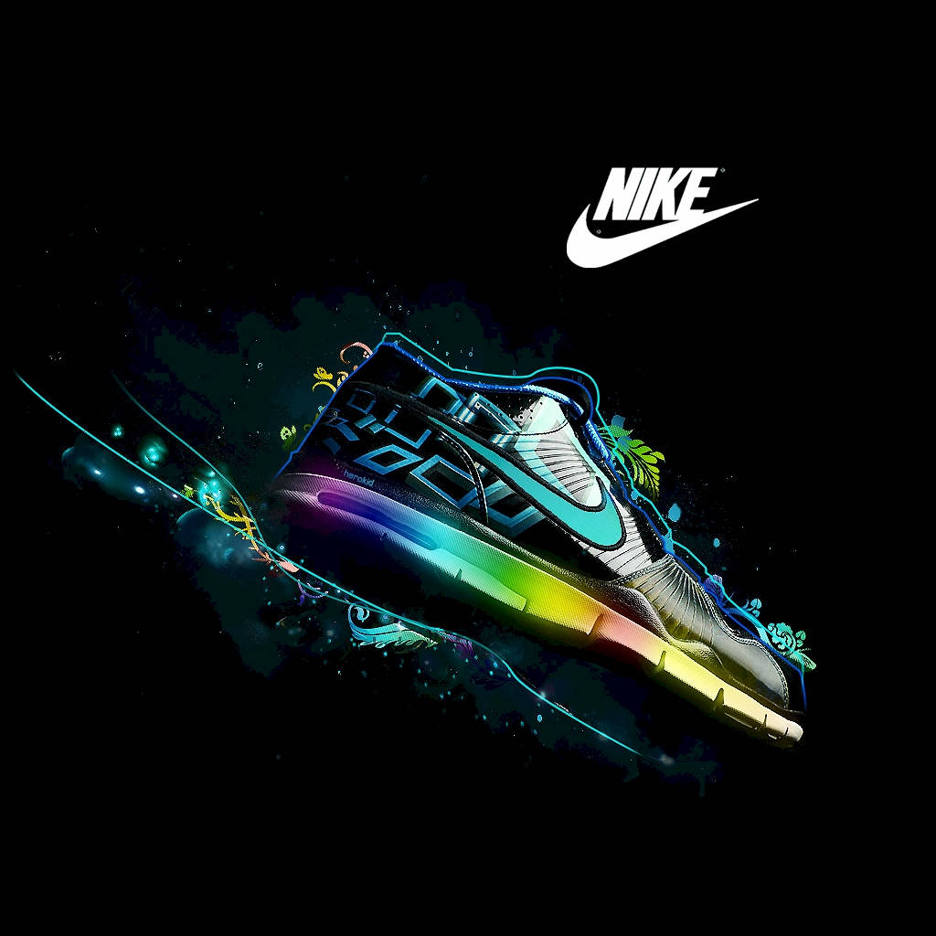 Nike iPhone 桌布 壁紙 — 一雙充滿活力的Nike運動鞋在黑暗的宇宙背景上，以霓虹條紋和花卉點綴，散發出彩虹漸變的光芒。