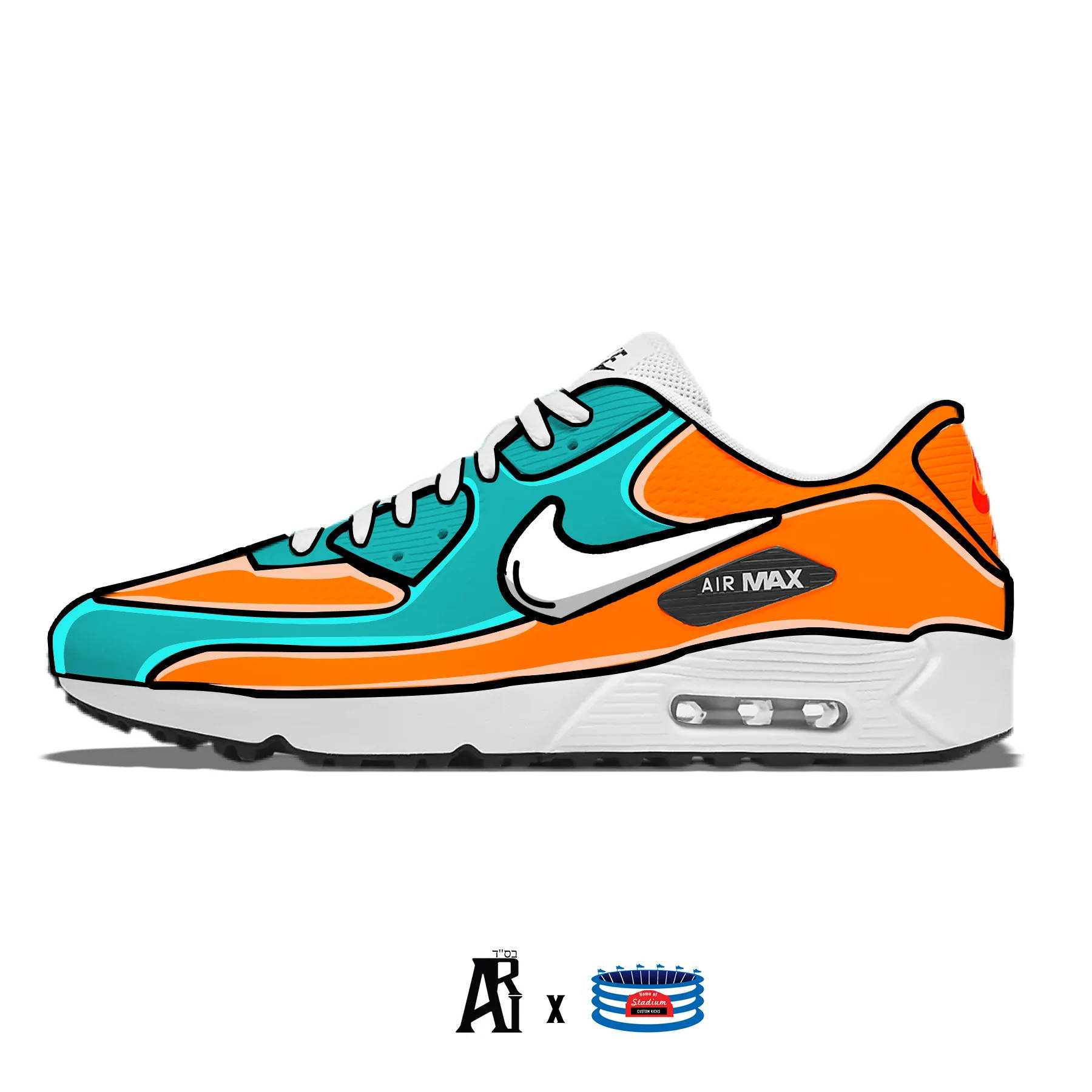 Nike 桌布 壁紙 — 一雙充滿活力的卡通風格Nike Air Max運動鞋，帶有青綠色和橙色面板以及白色鞋帶，背景為純白色。
