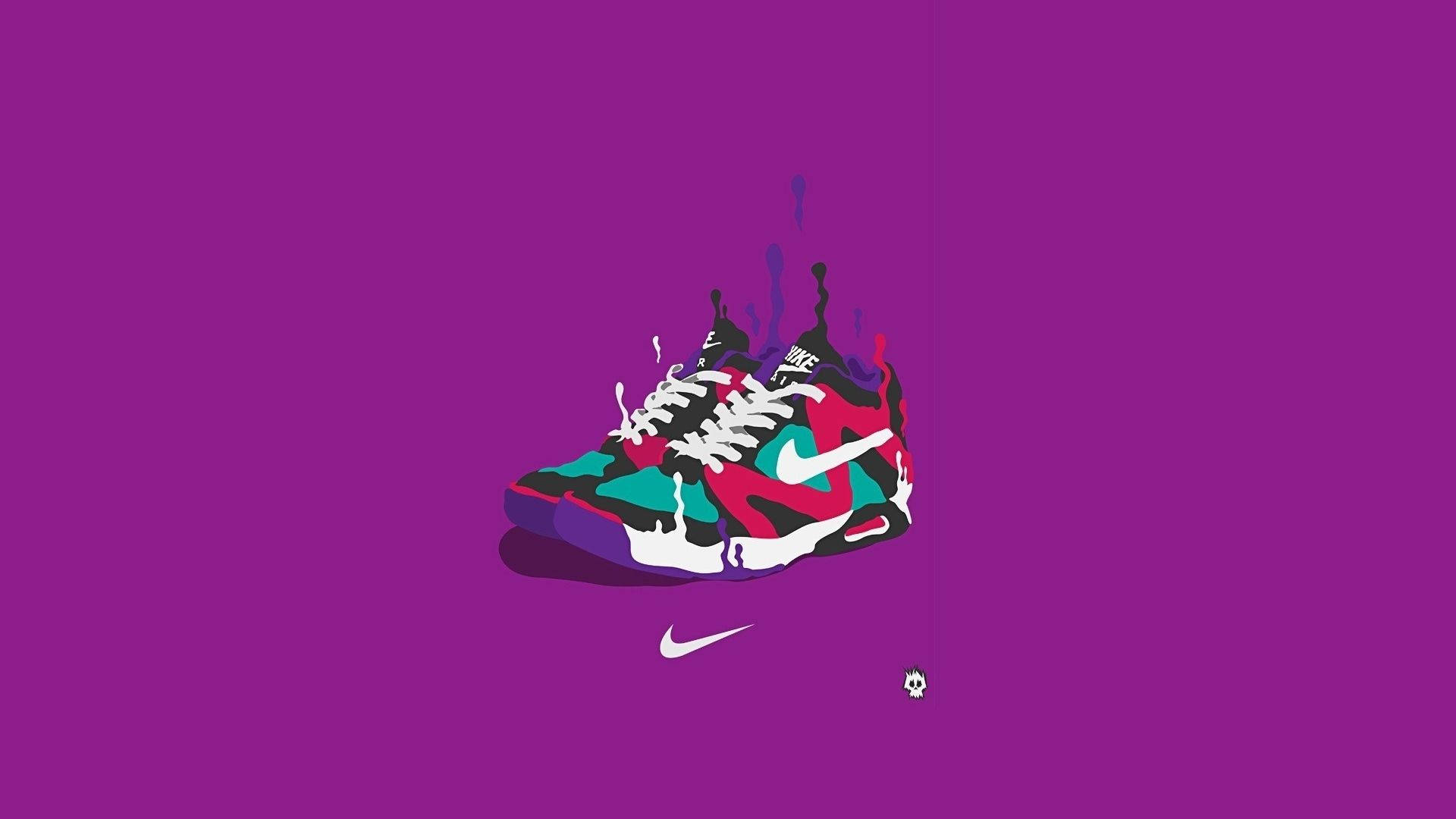 酷炫耐吉 桌布 壁紙 — 一雙充滿活力的多色Nike運動鞋在純紫色背景上滴落顏料，並帶有一個小足球和勾號。