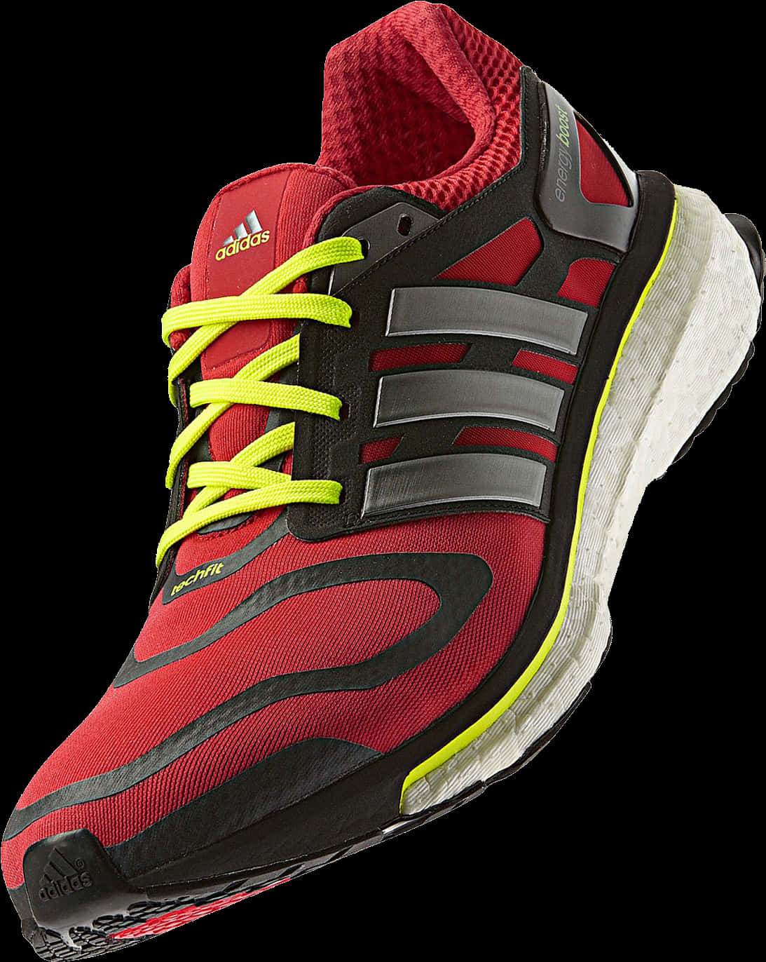 鞋子 桌布 壁紙 — 一雙充滿活力的紅黑Adidas跑鞋，搭配螢光黃鞋帶和鞋底裝飾，在 stark 黑色背景下格外突出。
