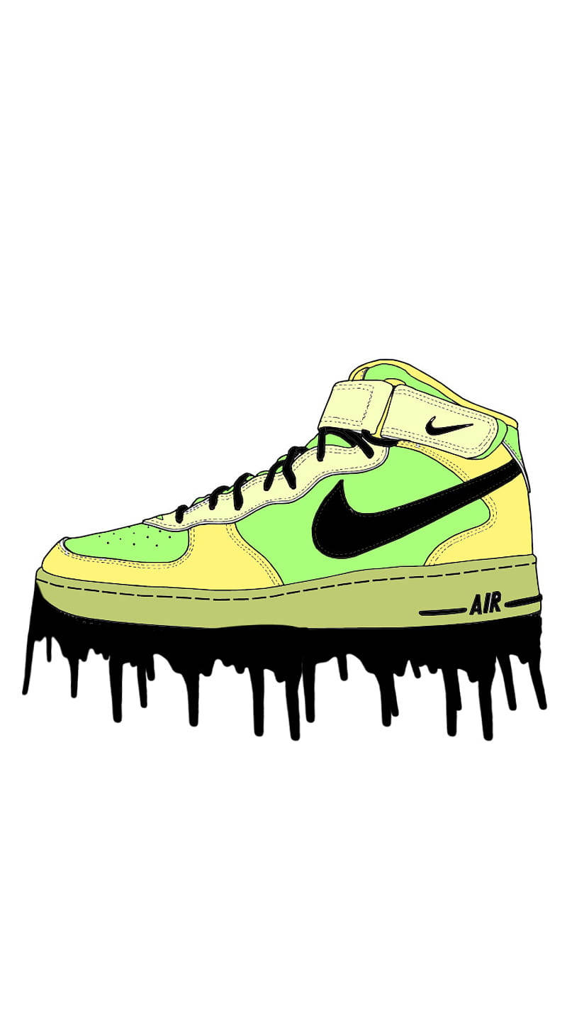 Air Jordan 桌布 壁紙 — 一雙充滿活力的萊姆綠和黃色高筒運動鞋，黑色Nike勾勾從鞋底融化滴落，背景為純白色。