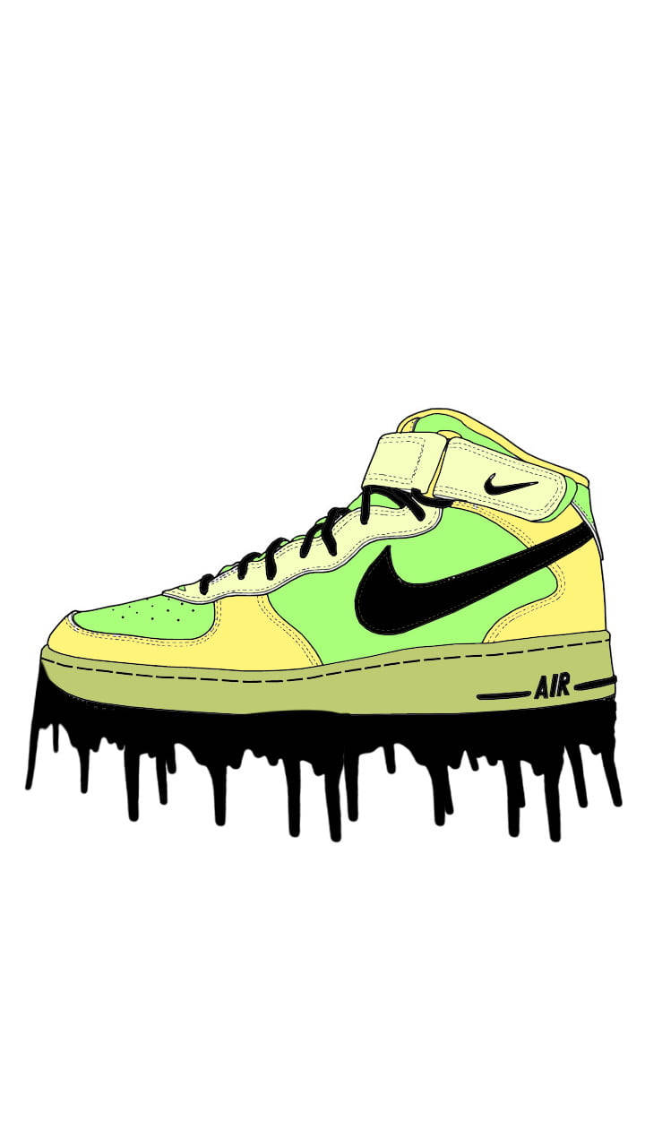 Nike 桌布 壁紙 — 一雙充滿活力的萊姆綠色和黃色高筒運動鞋，黑色Nike勾勾從鞋底融化滴落，背景為純白色。