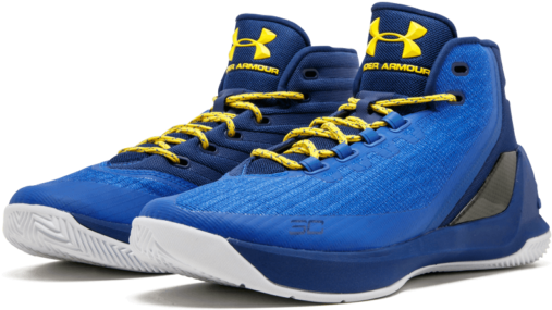 史蒂芬·柯瑞 桌布 壁紙 — 一雙充滿活力的藍色 Under Armour 籃球鞋，搭配大膽的黃色鞋帶和白色鞋底，在純黑背景下格外突出。