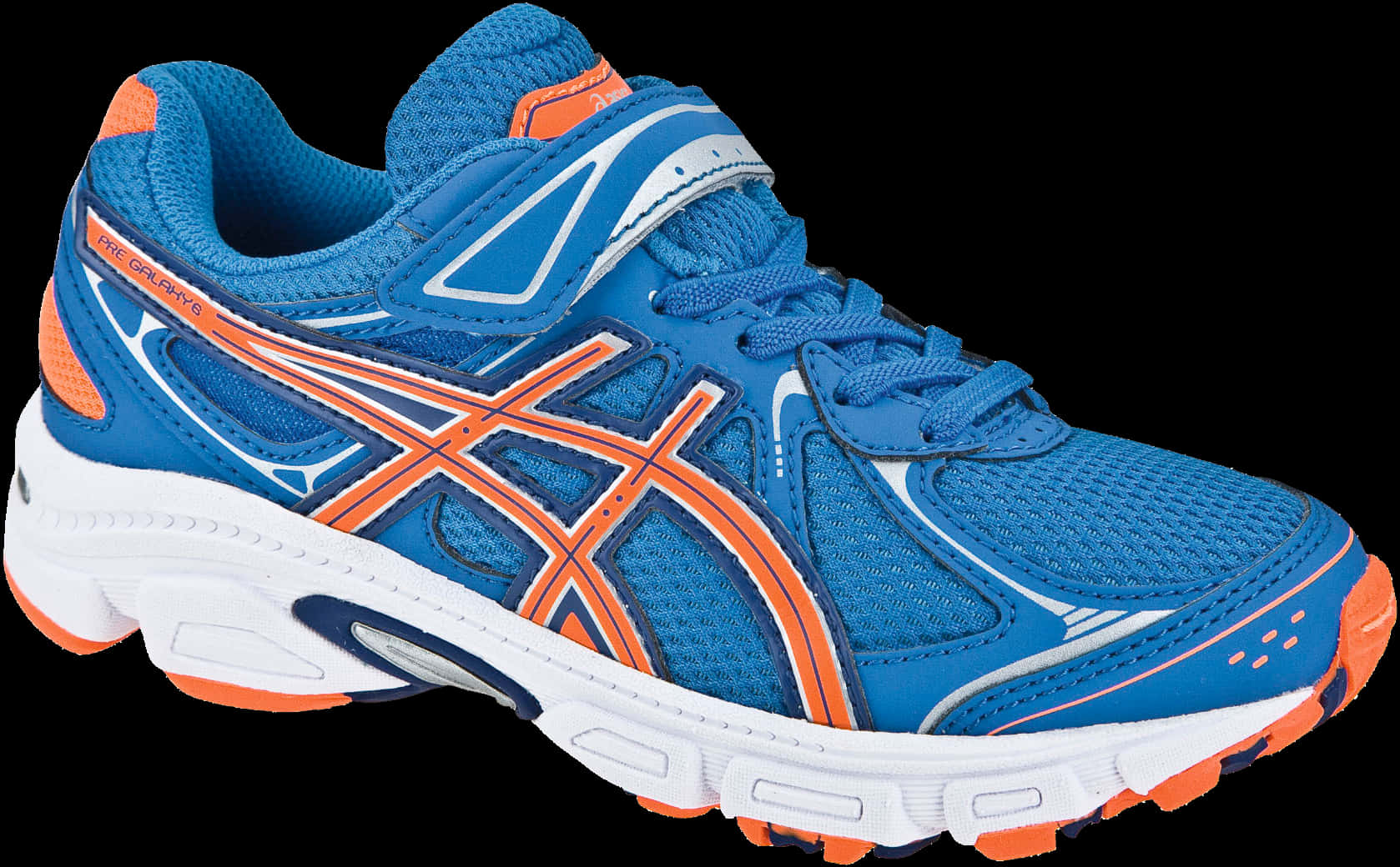 鞋子 桌布 壁紙 — 一雙充滿活力的藍色和橙色 Asics 跑鞋，白色鞋底，在黑色背景的攝影棚燈光下展示。