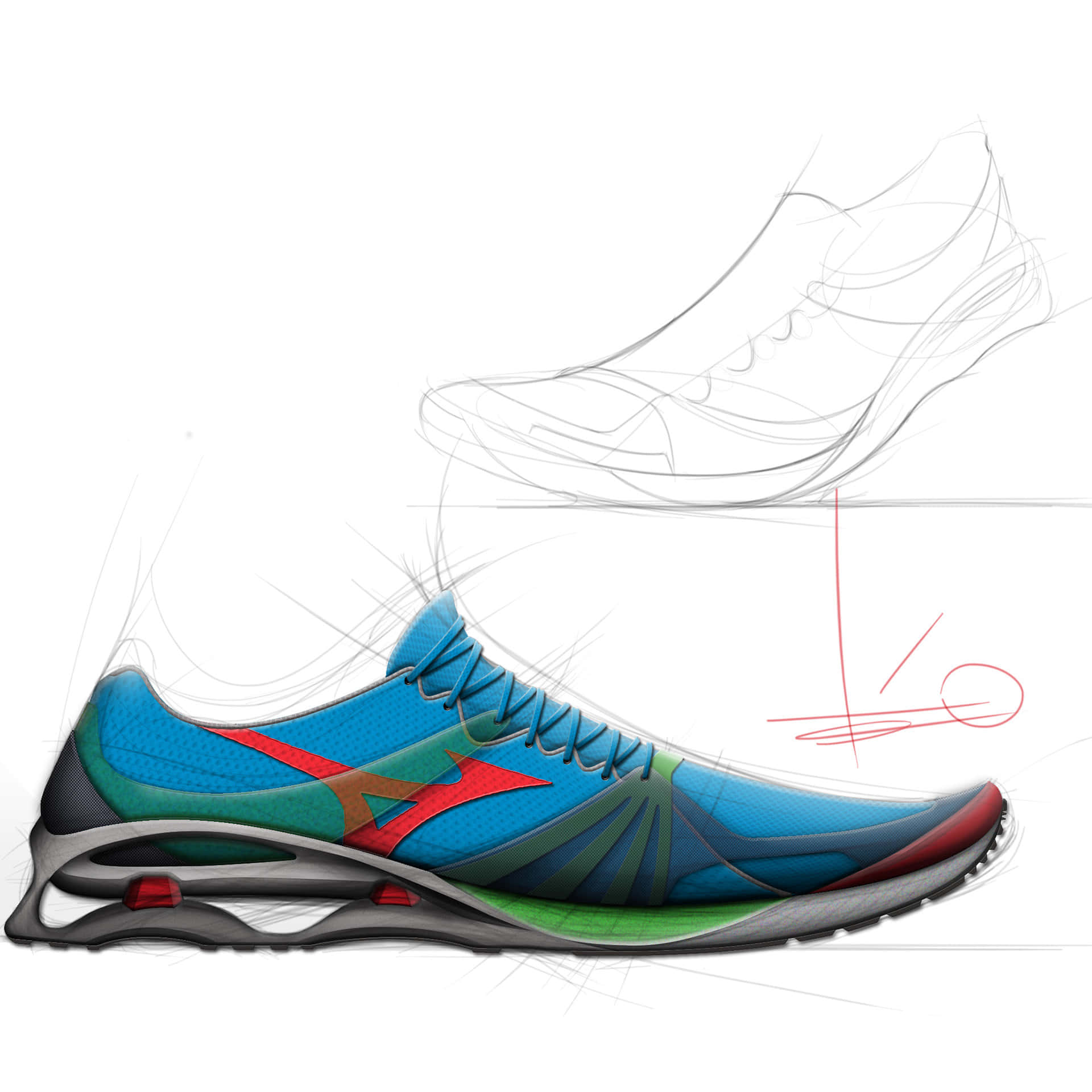 Footwear Design 桌布 壁紙 — 一雙充滿活力的藍色跑鞋，帶有紅綠色點綴和顯示設計演變的草圖線條。