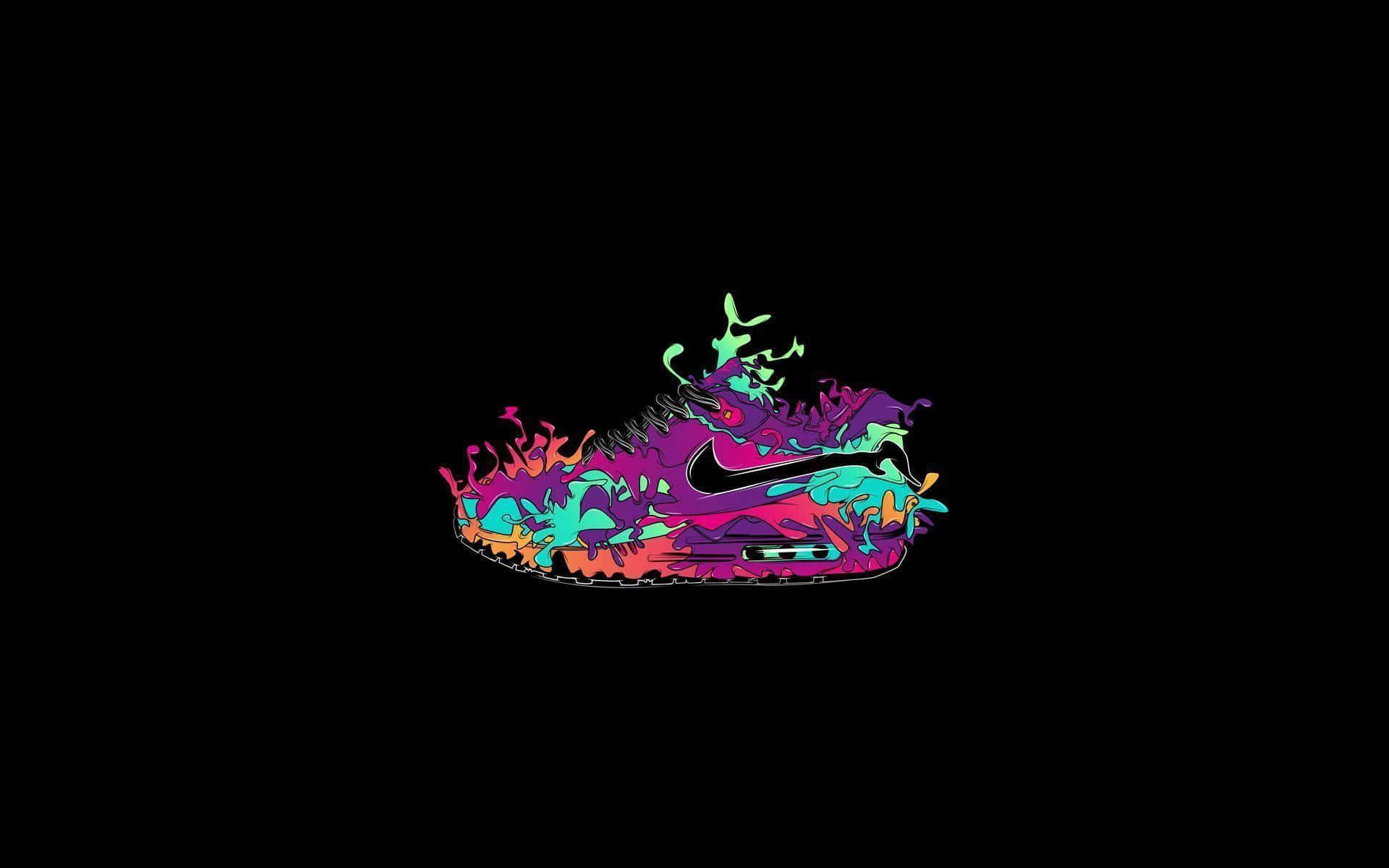 Footwear Design 桌布 壁紙 — 一雙充滿活力的霓虹色運動鞋在純黑色背景上爆發出色彩繽紛的油漆飛濺。