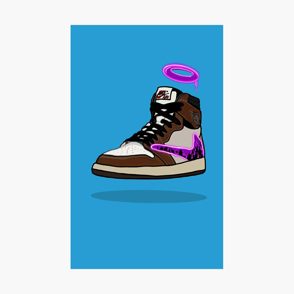 Sneakerhead 桌布 壁紙 — 一雙卡通運動鞋帶有紫色發光光環和Nike勾號，漂浮在純藍色背景上。