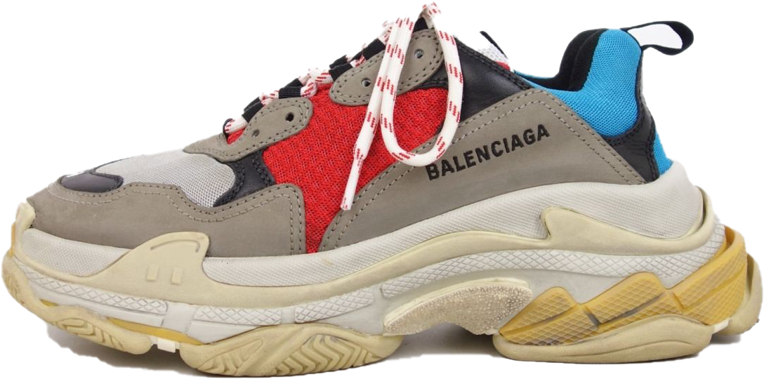 Multicolor 桌布 壁紙 — 一雙大膽的 Balenciaga 運動鞋，帶有紅色、灰色、藍色和黃色點綴，厚底，黑色背景。