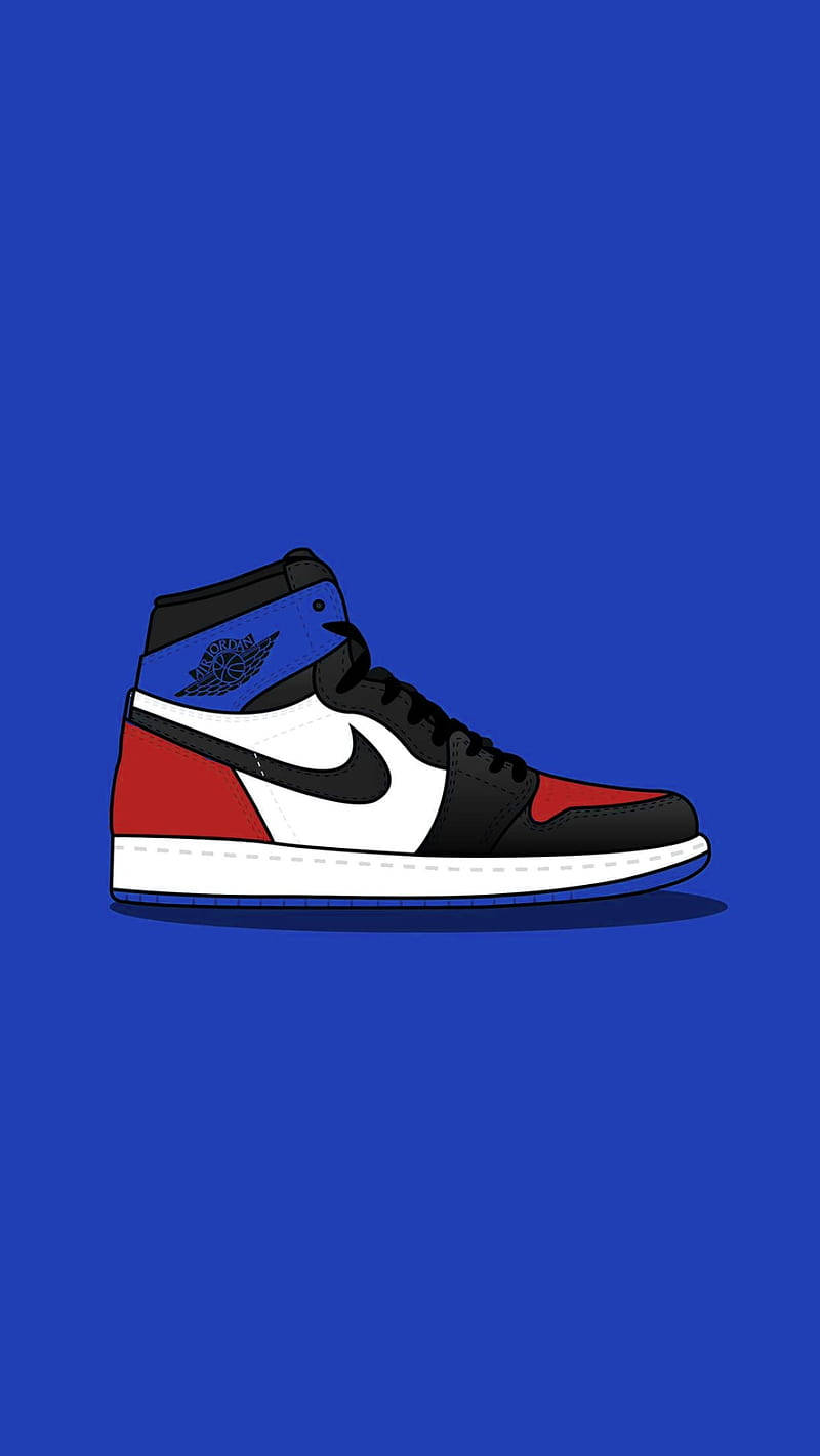Nike Air Jordan 1 桌布 壁紙 — 一雙大膽的Jordan 1運動鞋，紅黑藍配色，居中放置在純皇家藍背景上。