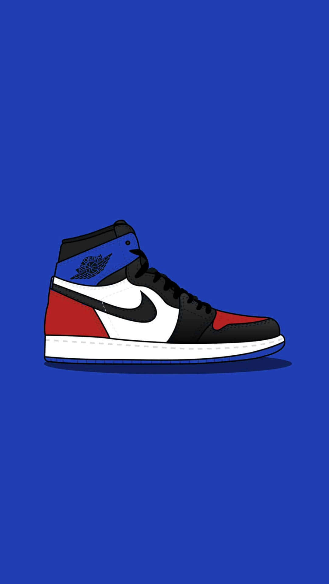 Sneaker 桌布 壁紙 — 一雙大膽的Jordan 1運動鞋，紅、黑、藍三色，居中放置在純皇家藍背景上。