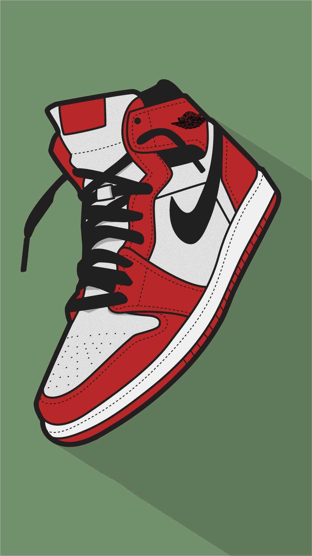 Dope Jordan 桌布 壁紙 — 一雙大膽的紅、白、黑高筒運動鞋，在純橄欖綠背景上投下長長的影子。