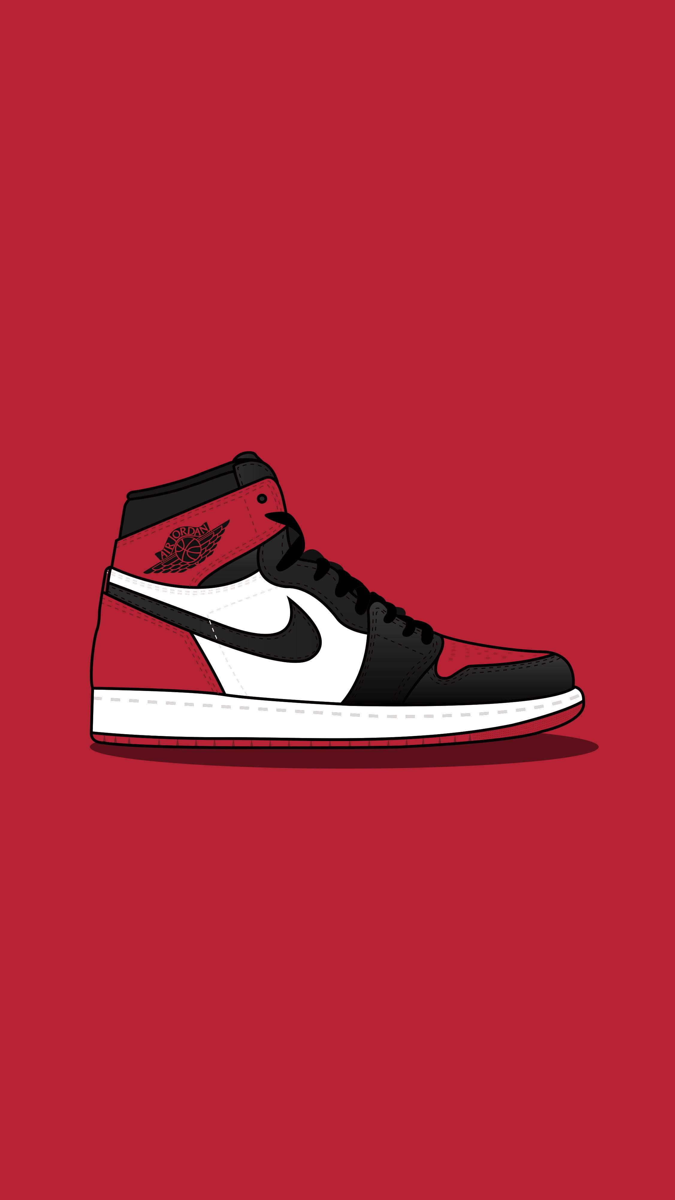 Nike 桌布 壁紙 — 一雙大膽的紅、黑、白高筒運動鞋，帶有翅膀標誌，居中放置在純紅色背景上。