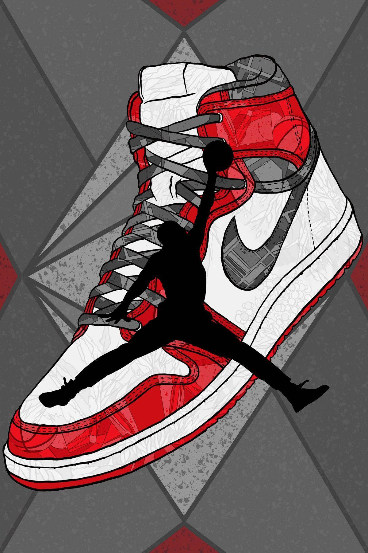 Air Jordan 桌布 壁紙 — 一雙大膽的紅白運動鞋，鞋帶間有一個黑色剪影，描繪籃球運動員在半空中灌籃。