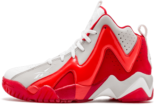 Reebok 桌布 壁紙 — 一雙大膽的紅白高筒籃球鞋，帶有光澤裝飾和白色鞋帶，背景為黑色。