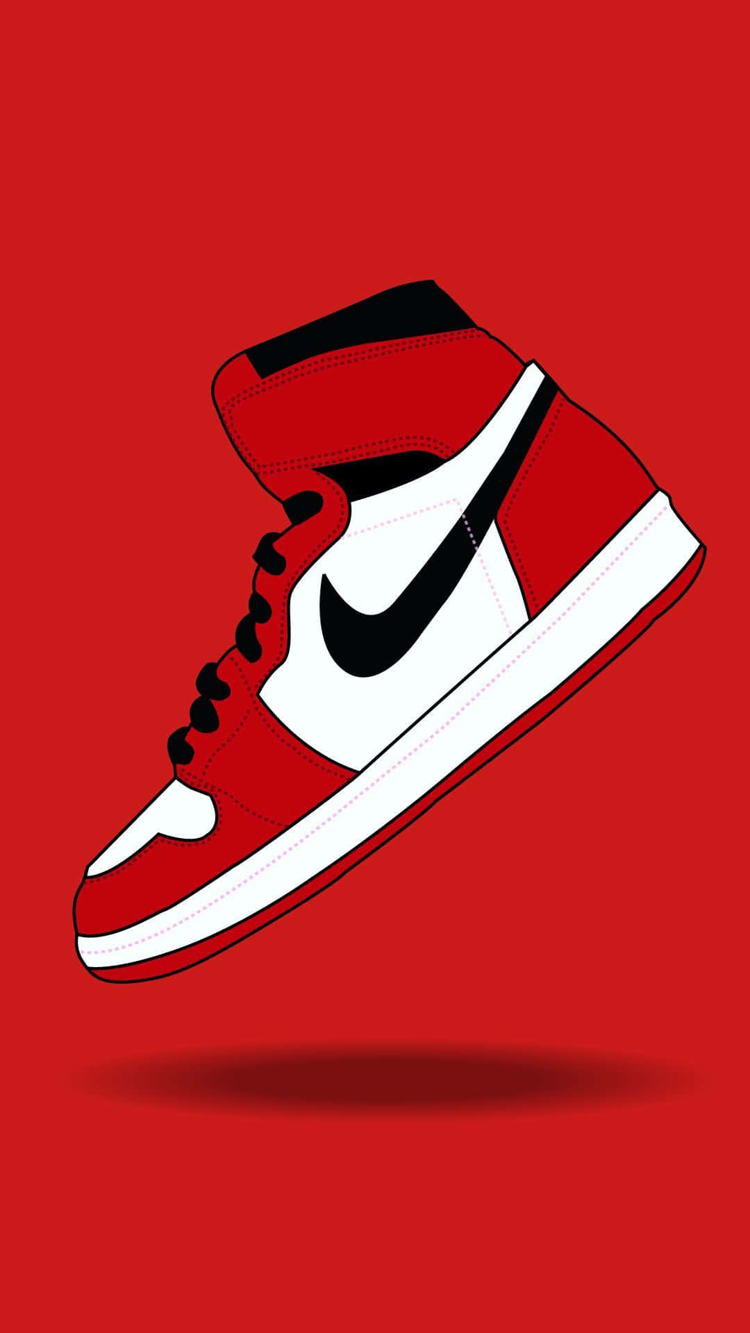 Nike 桌布 壁紙 — 一雙大膽的紅白高筒運動鞋，帶有黑色Swoosh，漂浮在純紅色背景上。