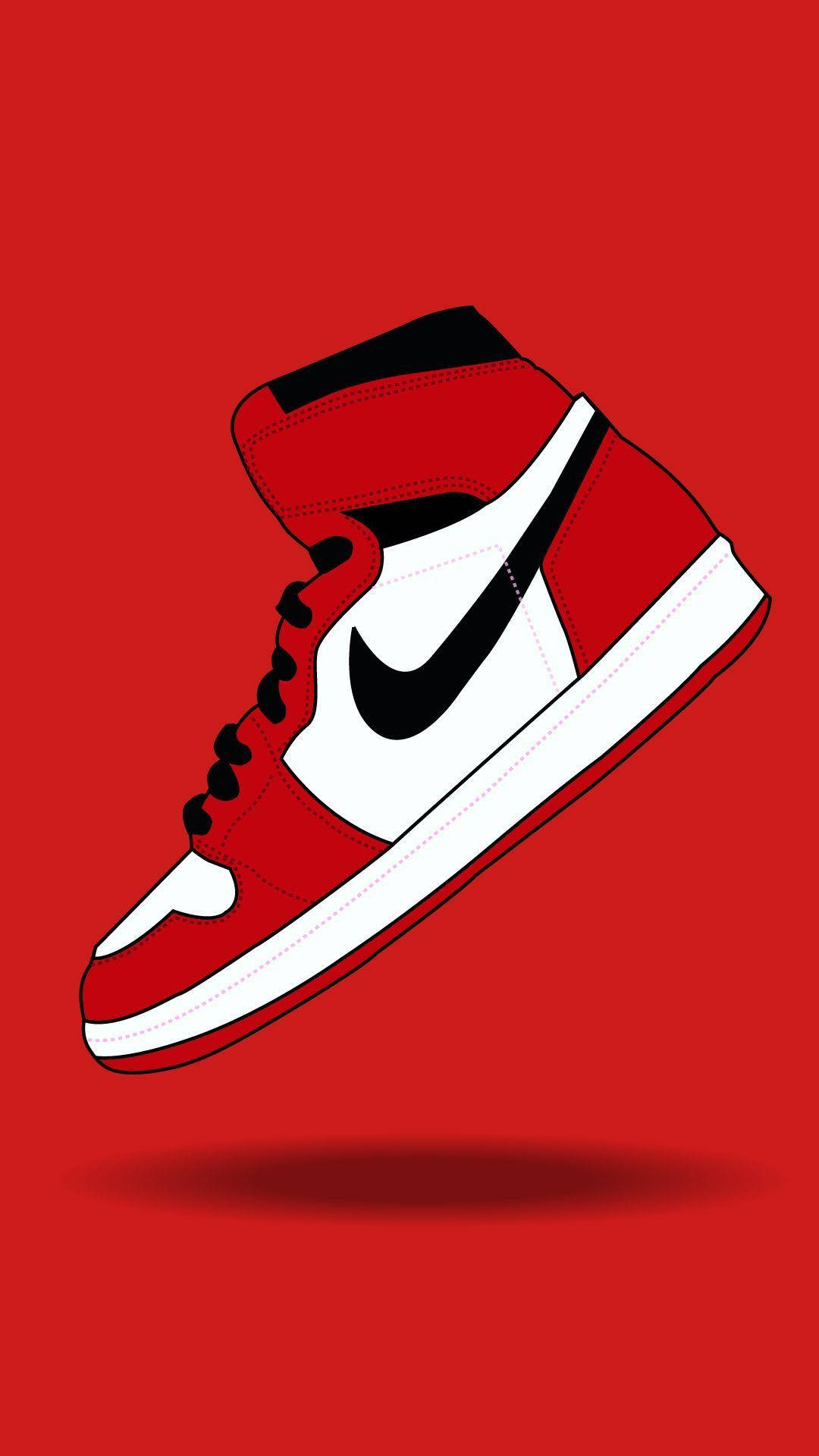 Red Nike 桌布 壁紙 — 一雙大膽的紅白高筒運動鞋，帶有黑色Swoosh，漂浮在純紅色背景上。