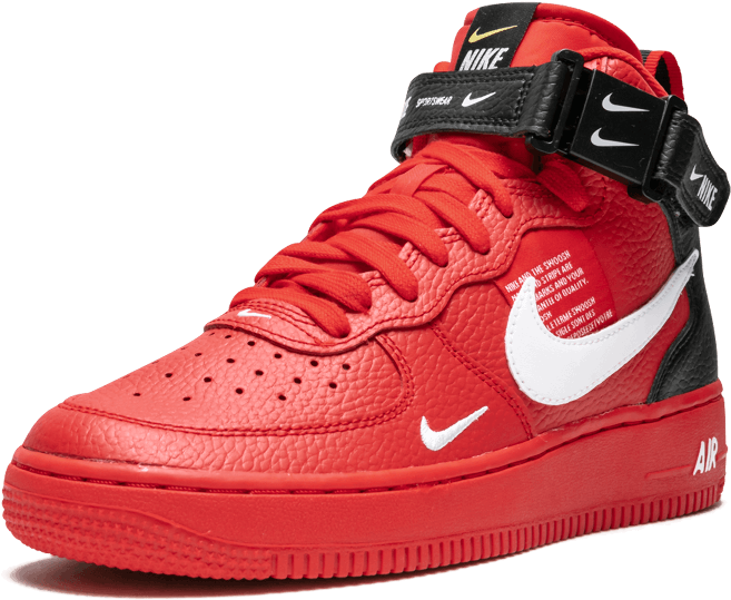 Nike 桌布 壁紙 — 一雙大膽的紅色Nike Air Force 1高筒運動鞋，配有黑色帶子和白色勾勾，背景是純黑色。