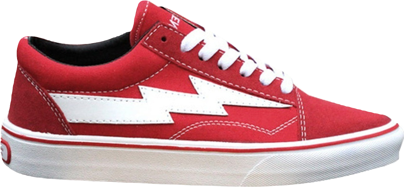 Vans 桌布 壁紙 — 一雙大膽的紅色低筒運動鞋，帶有白色閃電條紋和白色鞋帶，背景為黑色。