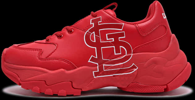 St Louis Cardinals Logo 桌布 壁紙 — 一雙大膽的紅色厚底運動鞋，帶有白色輪廓的聖路易紅雀隊標誌，在黑色背景上格外突出。