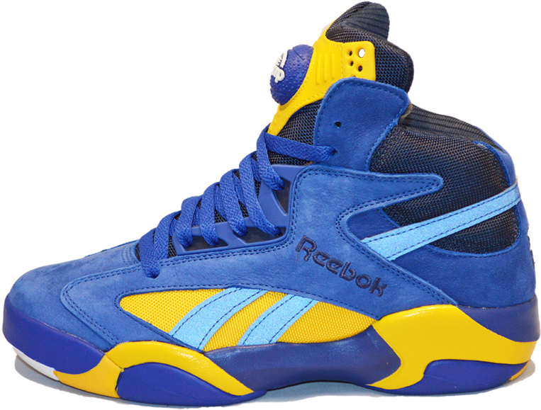 銳步 桌布 壁紙 — 一雙大膽的藍黃色高筒Reebok運動鞋，採用質感絨面革和網眼面板，襯托在純黑背景上。