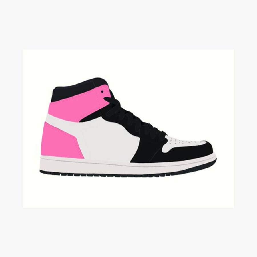 Nike Air Jordan 1 桌布 壁紙 — 一雙大膽的高筒運動鞋，帶有黑色、白色和充滿活力的粉紅色面板，以簡潔的極簡風格呈現。