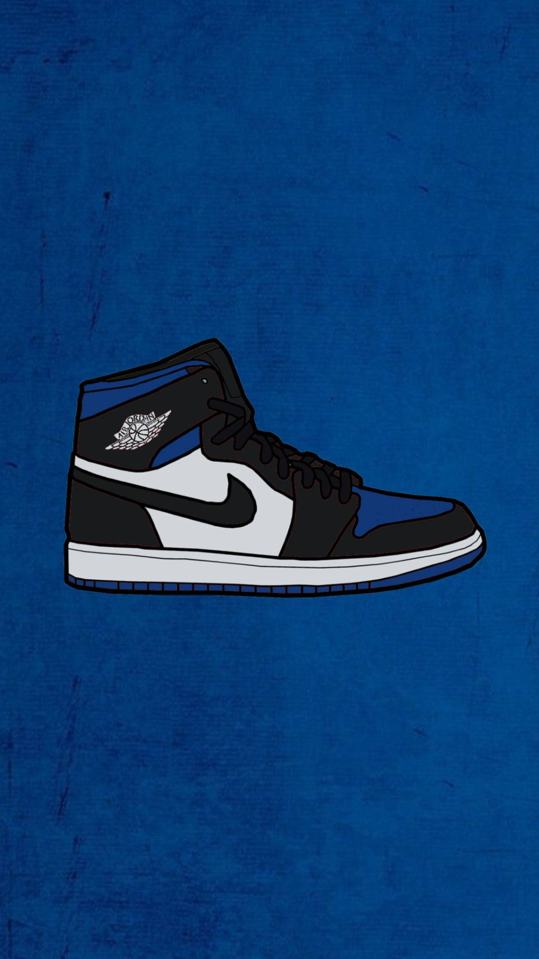 cool shoe 桌布 壁紙 — 一雙大膽的黑、白和皇家藍色 Jordan 1 運動鞋，插圖繪製在帶有紋理的深藍色背景上。
