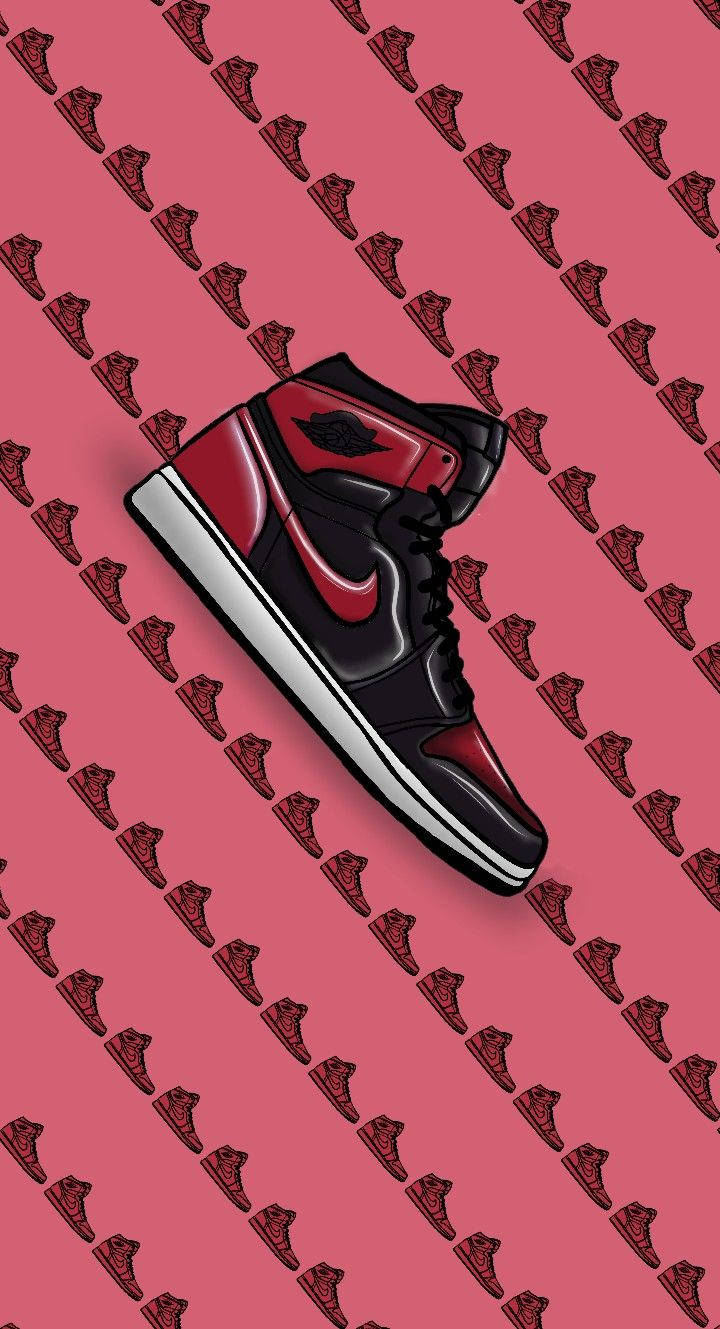 Jordan球鞋 桌布 壁紙 — 一雙大膽的黑紅 Jordan 1 運動鞋漂浮在帶有重複鞋形圖案的粉紅色背景上。