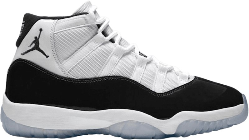 Air Jordan 桌布 壁紙 — 一雙完美無瑕的黑白 Air Jordan 11 運動鞋，帶有標誌性的 Jumpman 標誌，展示在乾淨的透明背景上。
