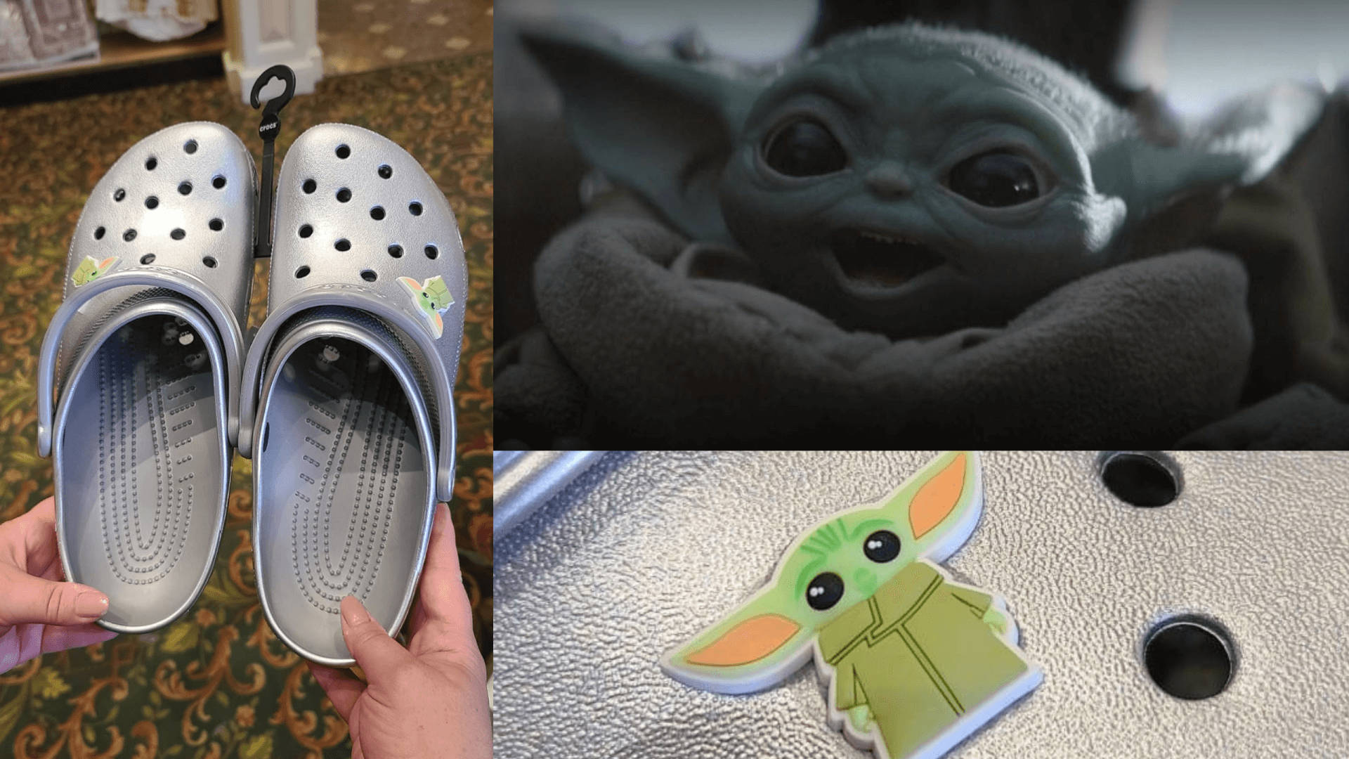 Crocs 桌布 壁紙 — 一雙帶有Grogu飾品的銀色Crocs鞋，旁邊展示可愛角色的特寫和Crocs鞋上的貼紙。