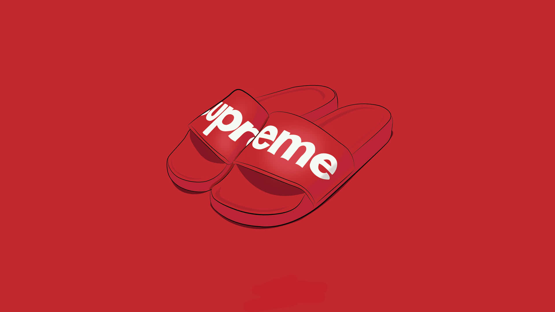1920x1080 Red 桌布 壁紙 — 一雙帶有白色標誌的紅色Supreme品牌拖鞋，居中放置在純紅色背景上。
