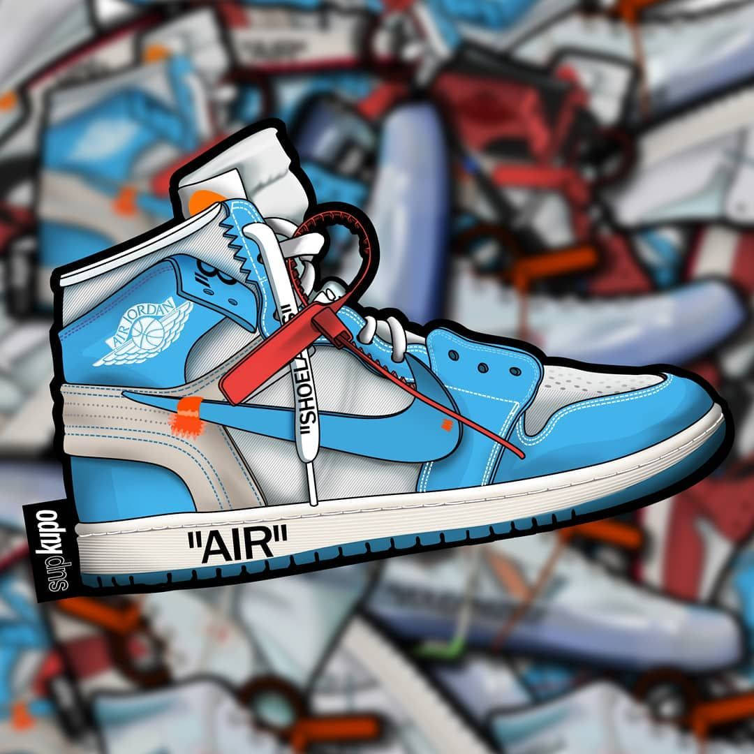 Nike Air Jordan 1 桌布 壁紙 — 一雙帶有紅色鞋帶和「AIR」品牌的時尚藍白運動鞋，在佈滿塗鴉的背景中脫穎而出。