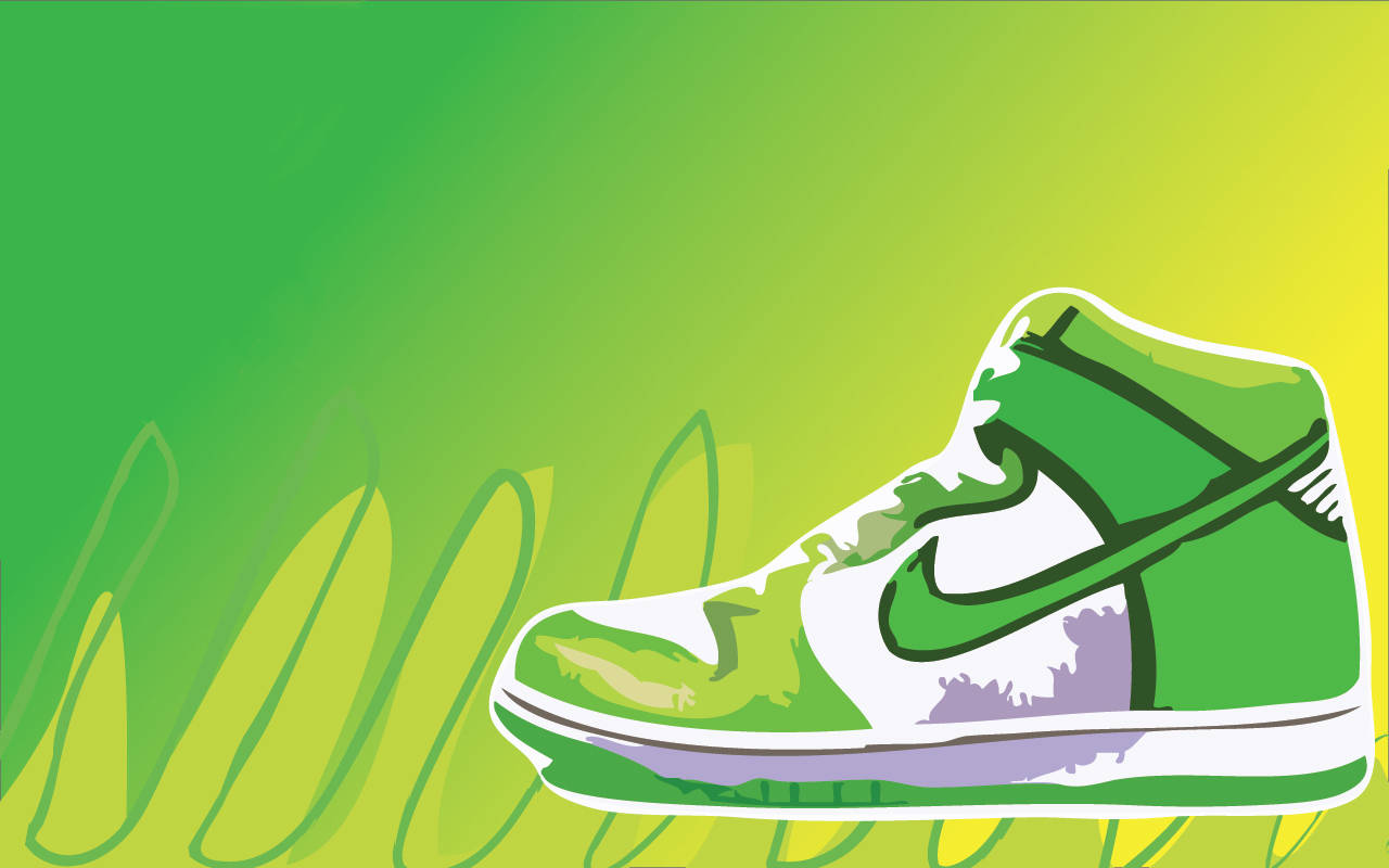 Nike Shoes 桌布 壁紙 — 一雙帶有紫色點綴的時尚綠色和白色高筒運動鞋，放置在帶有抽象草狀筆觸的漸變綠色背景上。