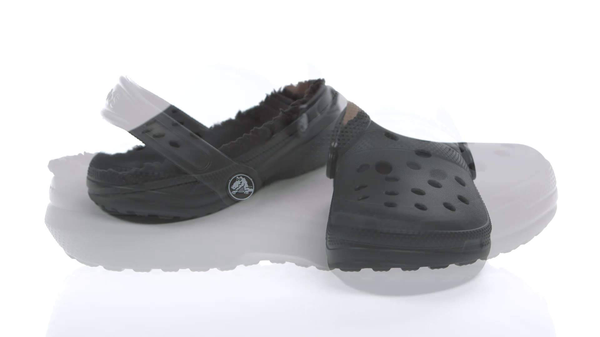 Crocs 桌布 壁紙 — 一雙帶有絨毛內裡的黑色Crocs木屐放在白色反光表面上，背景為純白色。
