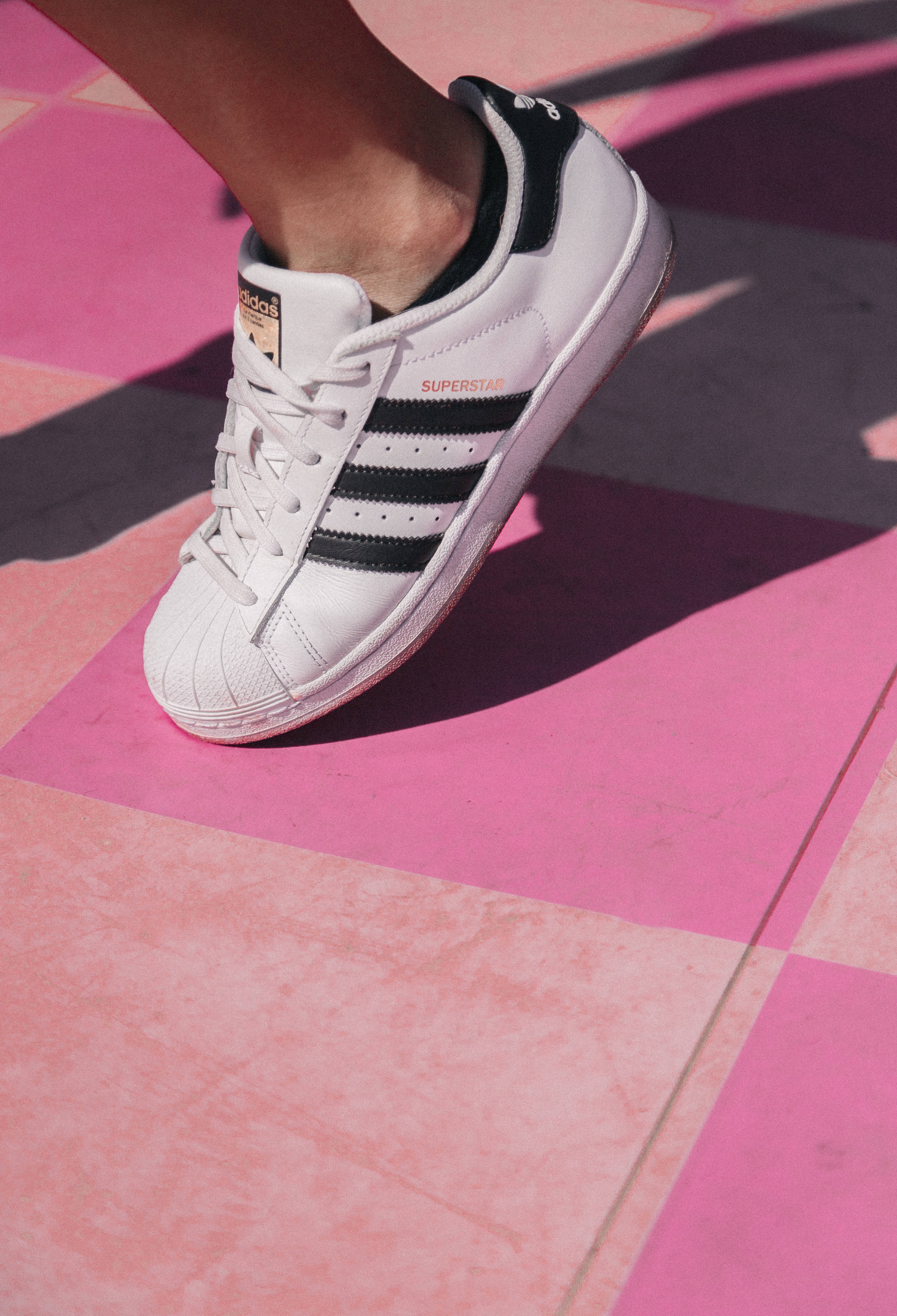Pretty Pink 桌布 壁紙 — 一雙帶有黑色條紋的白色adidas Superstar運動鞋，在明亮的陽光下，放置在充滿活力的粉紅色和紫紅色瓷磚地板上。