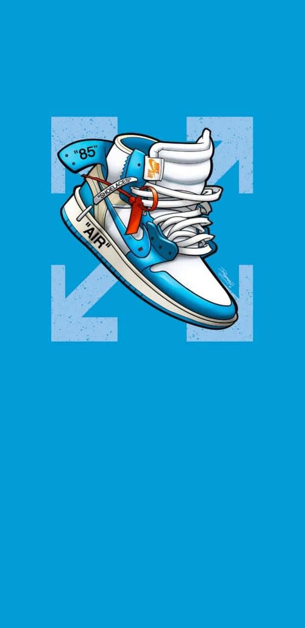 Off White iPhone 桌布 壁紙 — 一雙帶紅色鞋帶的時尚藍白高筒運動鞋，漂浮在帶有微弱箭頭圖案的純藍色背景上。