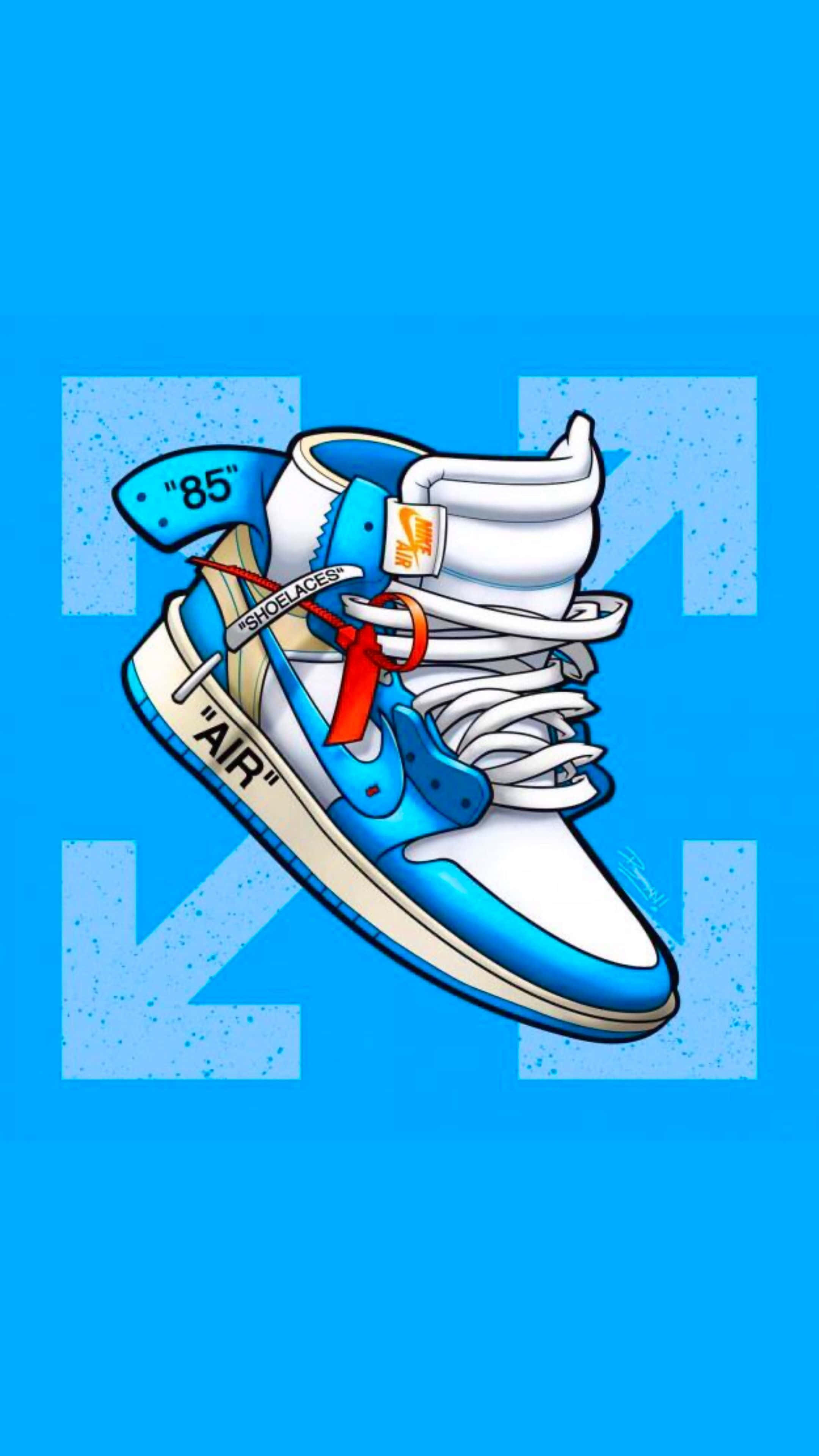 Cute Shoes 桌布 壁紙 — 一雙帶紅色鞋帶的時尚藍白高筒運動鞋，在帶有箭頭圖案的鮮豔藍色背景上漂浮。