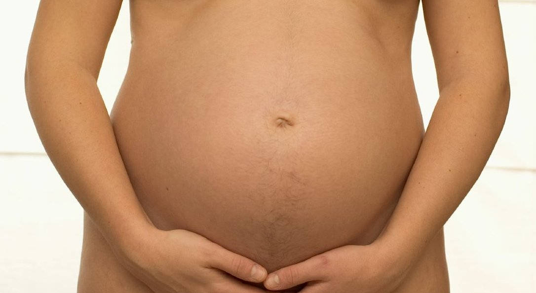 Pregnant 桌布 壁紙 — 一雙手掌輕柔地托住孕肚的特寫，背景為純白色。