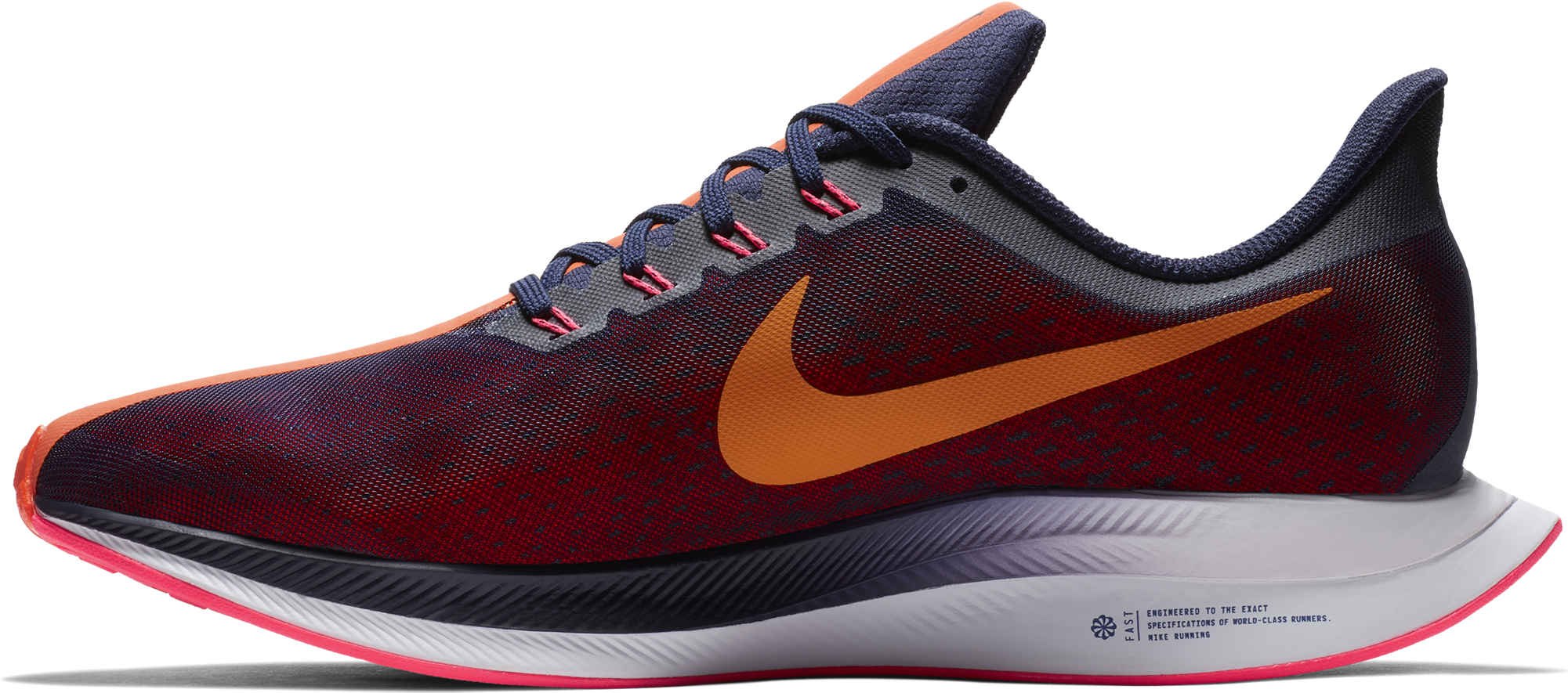 放大 桌布 壁紙 — 一雙時尚的Nike跑鞋，紅色網面鞋面、橙色勾勾和粉紅色點綴，配黑色背景。