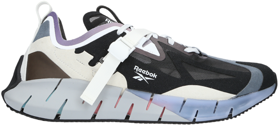 銳步 桌布 壁紙 — 一雙時尚的Reebok運動鞋，帶有黑色、米色和紫色點綴，以及一條白色帶子，背景透明。
