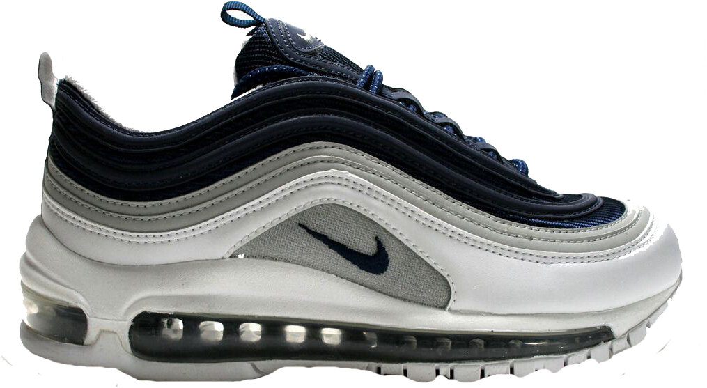 Nike 桌布 壁紙 — 一雙時尚的海軍藍與白色Nike Air Max 97運動鞋，在黑色背景下展現可見的氣墊緩震。
