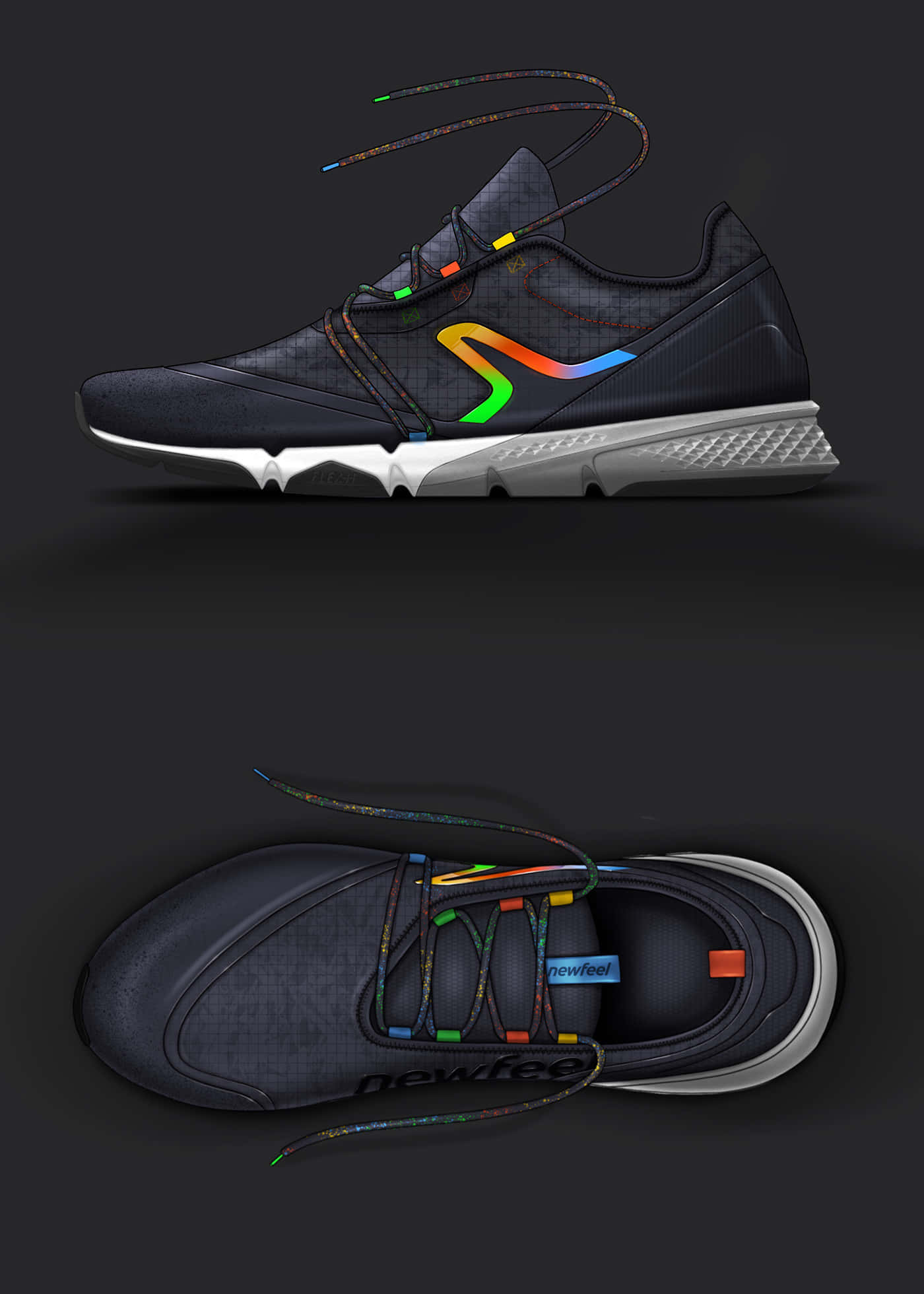 Footwear Design 桌布 壁紙 — 一雙時尚的深色運動鞋，帶有彩虹勾勾和彩色鞋帶，從側面和頂部視角展示在黑色背景上。