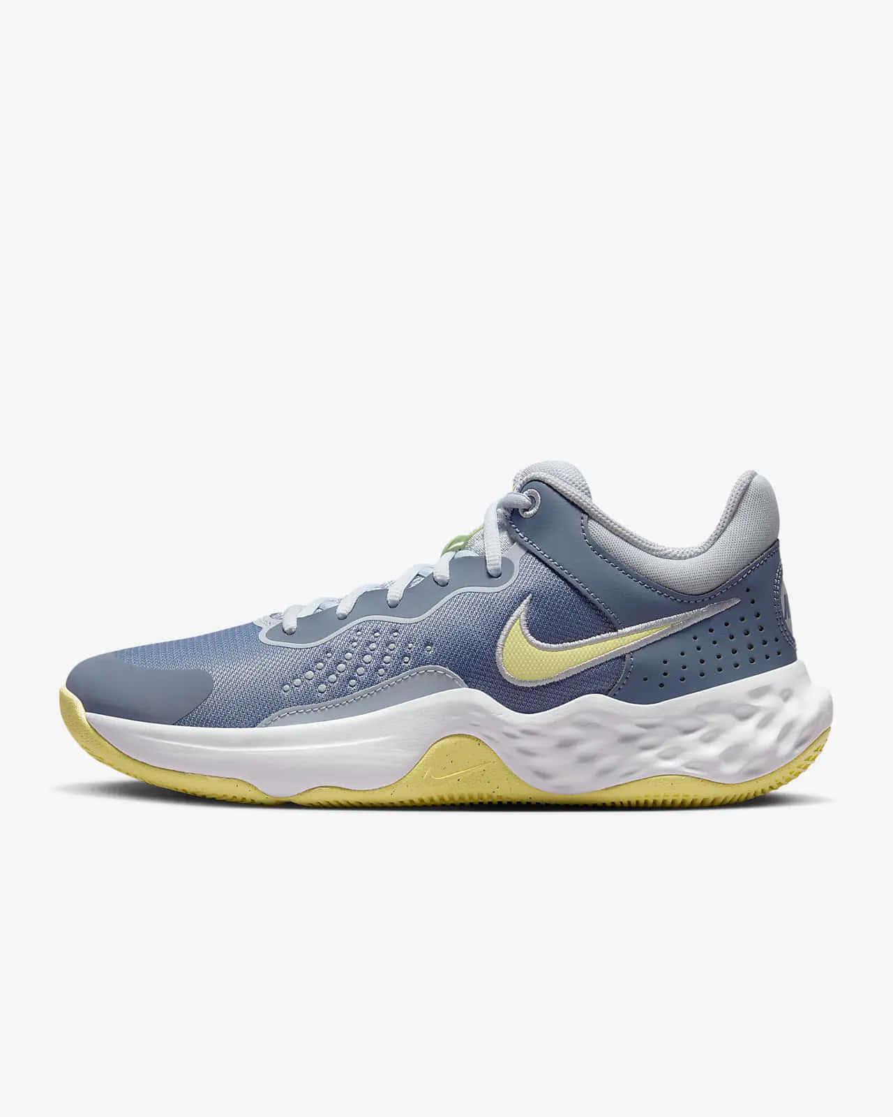 Nike 桌布 壁紙 — 一雙時尚的灰色Nike籃球鞋，帶有鮮黃色的勾勾和鞋底，在乾淨的攝影棚燈光下展示。