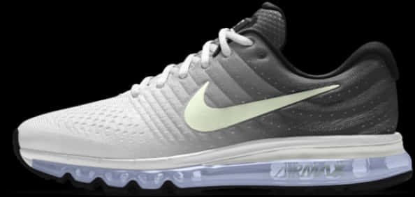 鞋子 桌布 壁紙 — 一雙時尚的白色和灰色Nike Air Max運動鞋，帶有發光的螢光綠色勾勾和透明氣墊鞋底，背景為黑色。